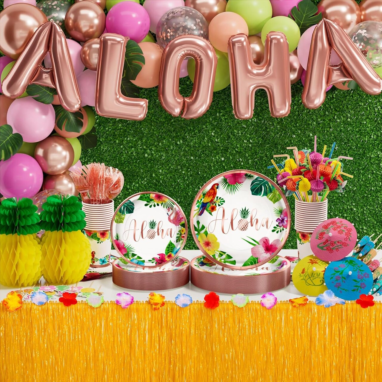 Hawaiian Luau Birthday Party Decorations 329PCS Tropical Aloha Rose Gold Party Supplies for Summer Beach Decor Disposable Dinnerware Set